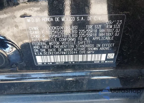 2024 Honda Hr-V 2Wd Sport W/O Bsi/Sport из США, поврежденный, VIN 3CZRZ1H57RM723044